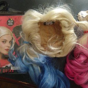 Harley Quinn costume-yellow overalls, wig, hammer